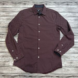 H&M Mens Slim Fit Long Sleeve Button Down Shirt S SM Small Burgundy Maroon White